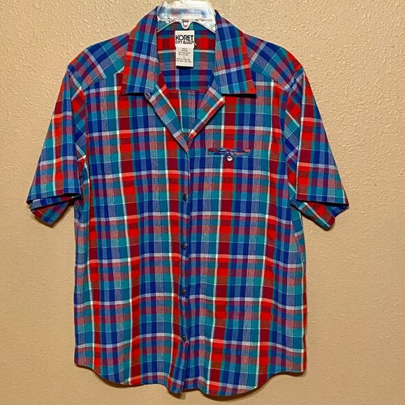 Koret City Blues multi colored plaid short sleeved button down shirt size Lg - Picture 1 of 5